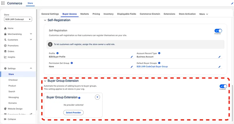 Enabling the Buyer Group Extension in store settings