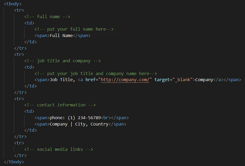 Job title, company and contact information rows