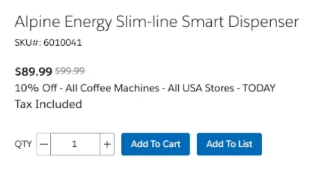 Product page for users in the USA — price and 10% promotion